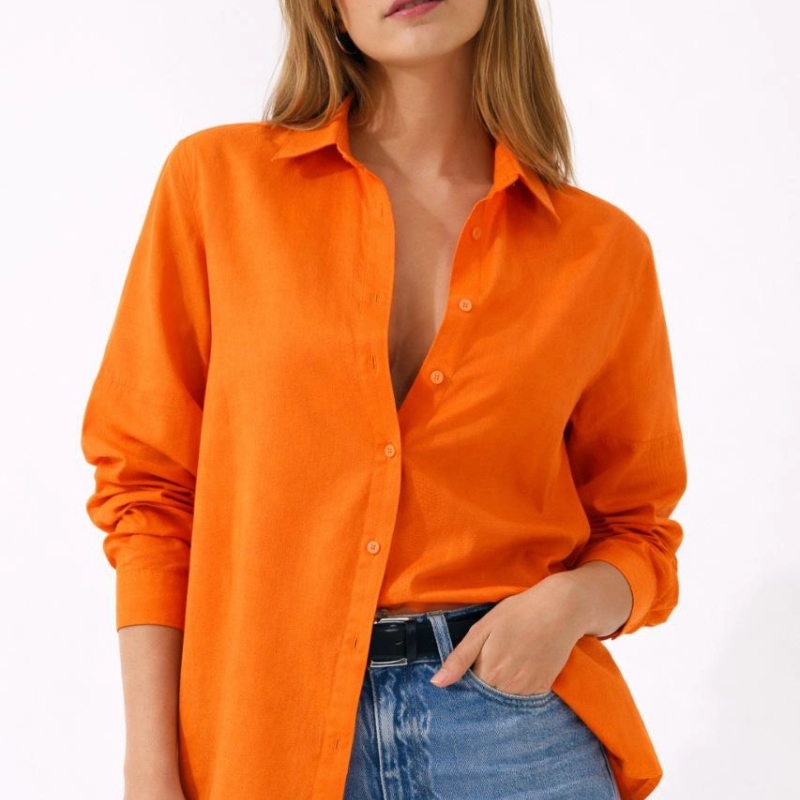 Kadın Uzun Kol Gömlek Düğmeli Klasik Yaka Günlük ve Ofis Şıklığına uygun - Turuncu