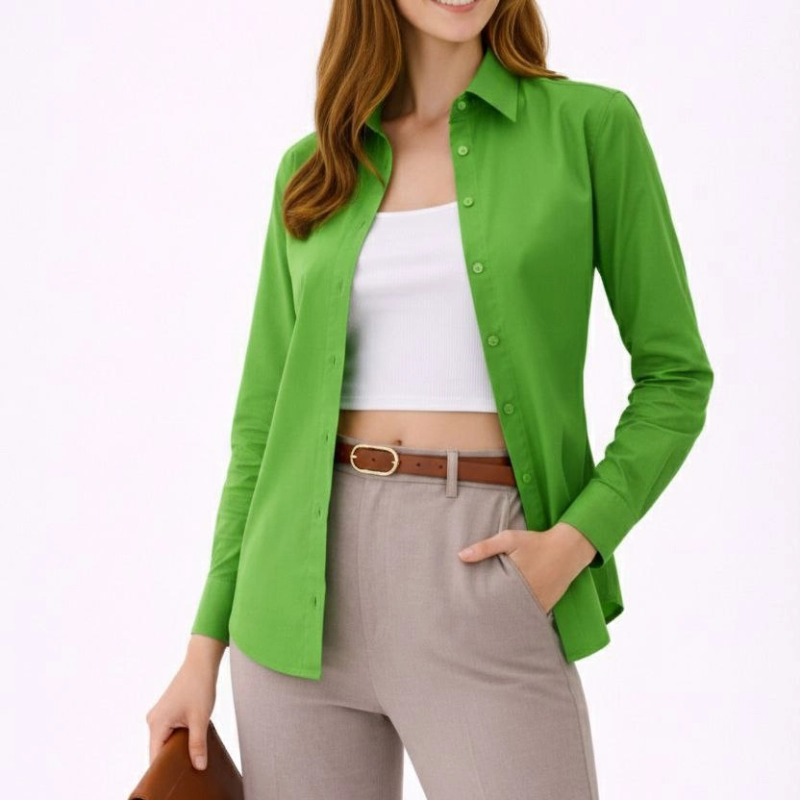 Kadın Uzun Kol Gömlek Düğmeli Klasik Yaka Günlük ve Ofis Şıklığına uygun - Yeşil