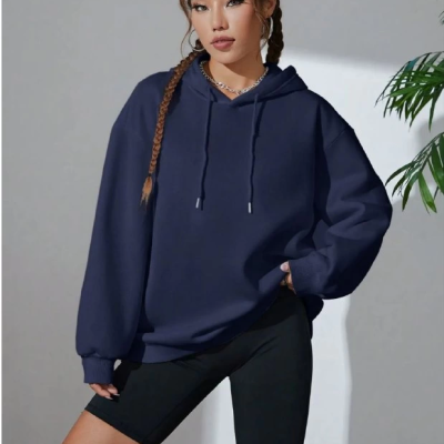 Kadın Uzun Kol Kapşonlu Basic Sweatshirt hoodie - Lacivert