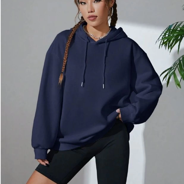Kadın Uzun Kol Kapşonlu Basic Sweatshirt hoodie - Lacivert