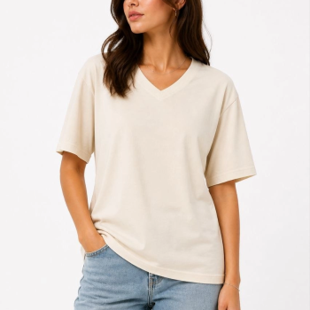 Kadın V Yaka Basic Tişört Kısa Kol Yazlık Regular Fit T-Shirt - Bej Kadın V Yaka Basic Tişört Kısa Kol Yazlık Regular Fit T-Shirt - Bej