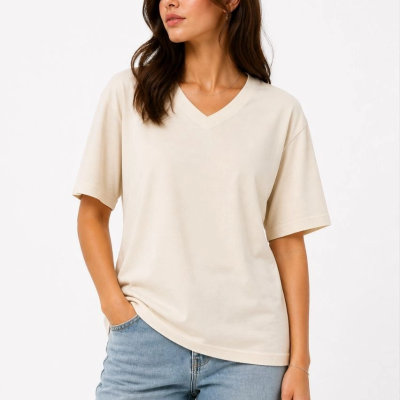 Kadın V Yaka Basic Tişört Kısa Kol Yazlık Regular Fit T-Shirt - Bej