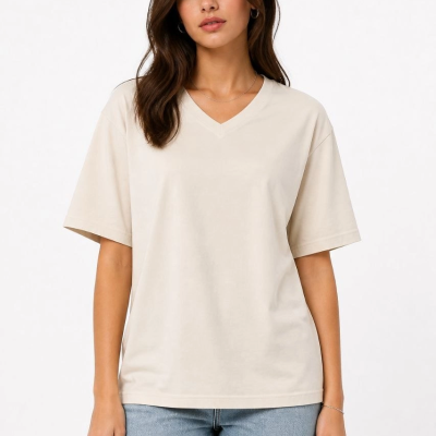 Kadın V Yaka Basic Tişört Kısa Kol Yazlık Regular Fit T-Shirt - Bej