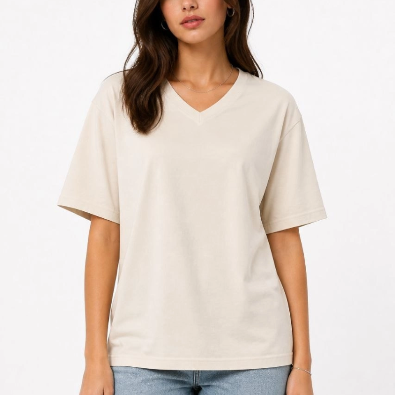 Kadın V Yaka Basic Tişört Kısa Kol Yazlık Regular Fit T-Shirt - Bej