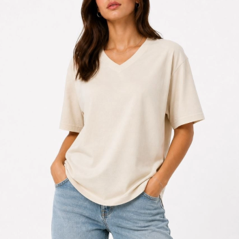 Kadın V Yaka Basic Tişört Kısa Kol Yazlık Regular Fit T-Shirt - Bej