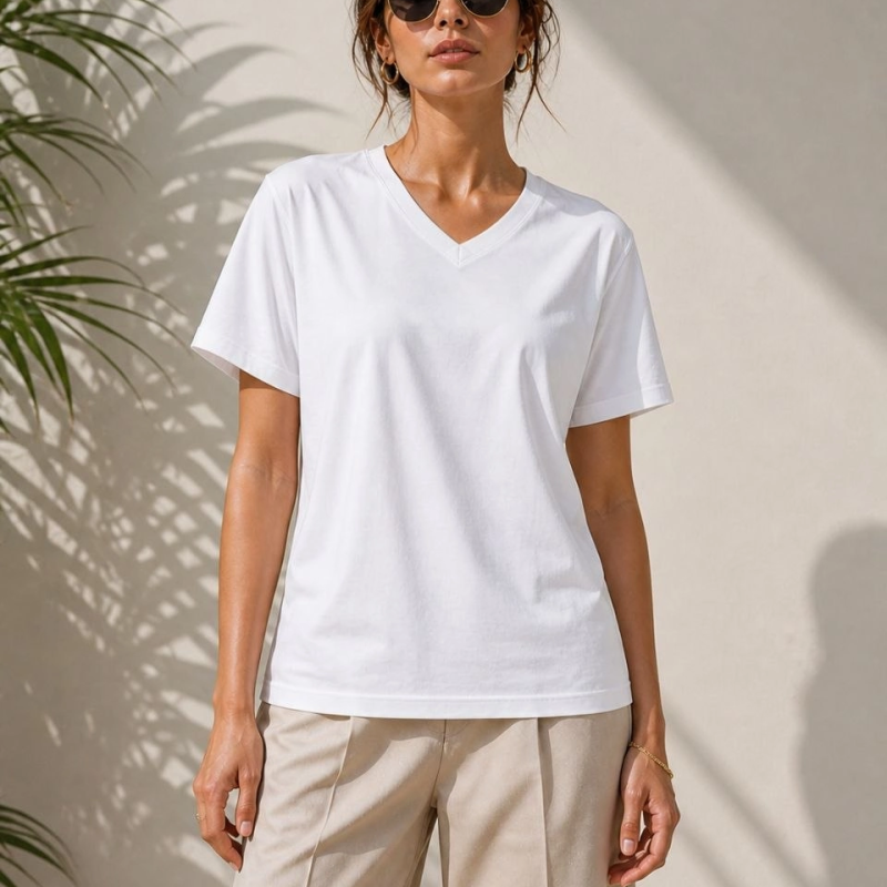 Kadın V Yaka Basic Tişört Kısa Kol Yazlık Regular Fit T-Shirt - Beyaz