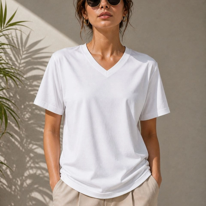 Kadın V Yaka Basic Tişört Kısa Kol Yazlık Regular Fit T-Shirt - Beyaz