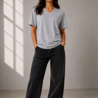Kadın V Yaka Basic Tişört Kısa Kol Yazlık Regular Fit T-Shirt - Gri