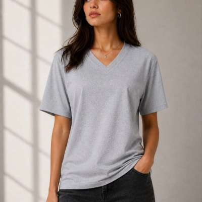 Kadın V Yaka Basic Tişört Kısa Kol Yazlık Regular Fit T-Shirt - Gri