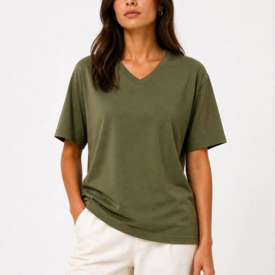 Kadın V Yaka Basic Tişört Kısa Kol Yazlık Regular Fit T-Shirt - Haki