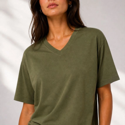 Kadın V Yaka Basic Tişört Kısa Kol Yazlık Regular Fit T-Shirt - Haki