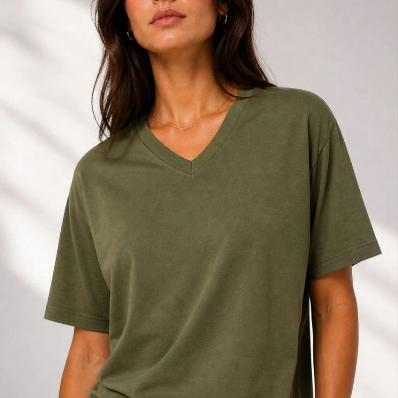 Kadın V Yaka Basic Tişört Kısa Kol Yazlık Regular Fit T-Shirt - Haki