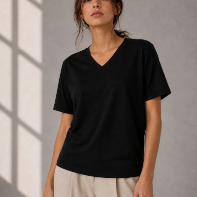 Kadın V Yaka Basic Tişört Kısa Kol Yazlık Regular Fit T-Shirt - Siyah