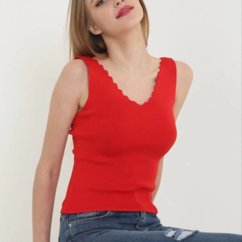 Kadın V Yaka Fırfır Detay Crop - Kırmızı