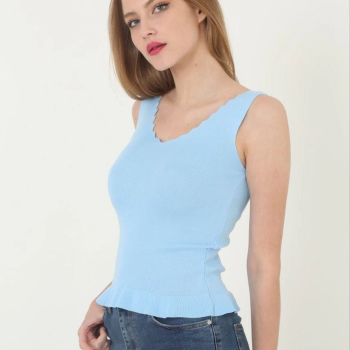 Kadın V Yaka Fırfır Detay Crop - Mavi