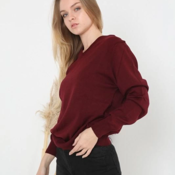 Kadın V Yaka Kazak Uzun Kol Düz Dokuma Triko - Bordo