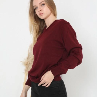 Kadın V Yaka Kazak Uzun Kol Düz Dokuma Triko - Bordo