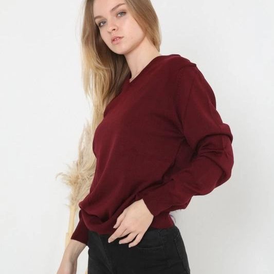 Kadın V Yaka Kazak Uzun Kol Düz Dokuma Triko - Bordo