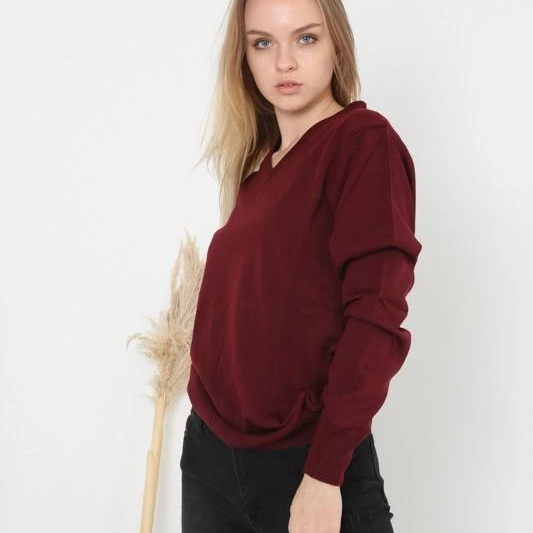Kadın V Yaka Kazak Uzun Kol Düz Dokuma Triko - Bordo