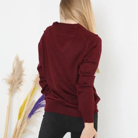 Kadın V Yaka Kazak Uzun Kol Düz Dokuma Triko - Bordo