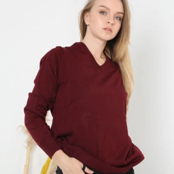 Kadın V Yaka Kazak Uzun Kol Düz Dokuma Triko - Bordo