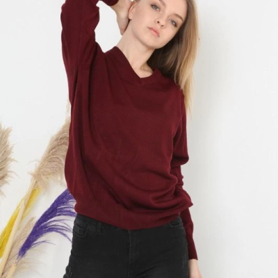 Kadın V Yaka Kazak Uzun Kol Düz Dokuma Triko - Bordo