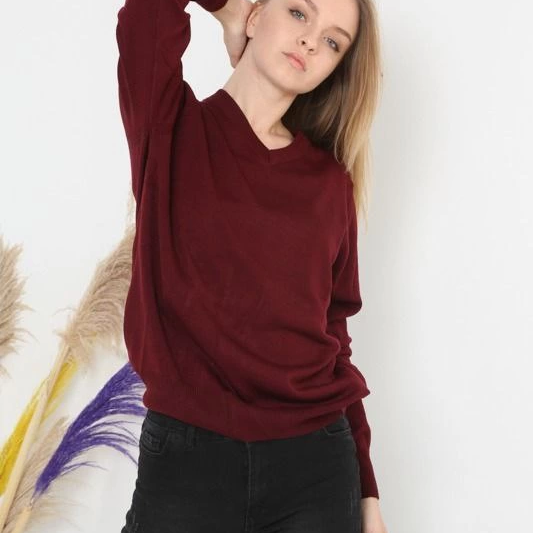 Kadın V Yaka Kazak Uzun Kol Düz Dokuma Triko - Bordo