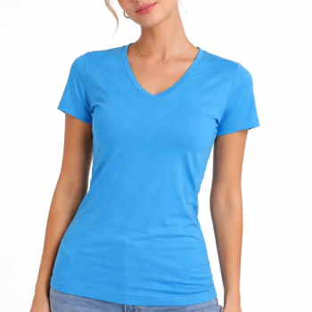 Kadın V Yaka Tişört Kısa Kol Slim Fit T-shirt 2'li Set  Nar Çiçeği-Açık Mavi