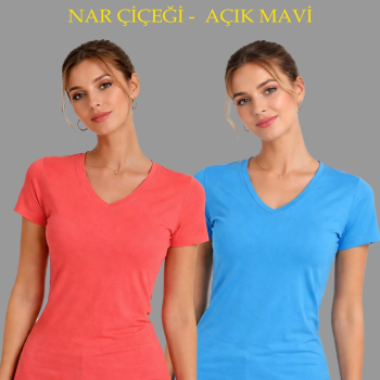 Kadın V Yaka Tişört Kısa Kol Slim Fit T-shirt 2'li Set  Nar Çiçeği-Açık Mavi