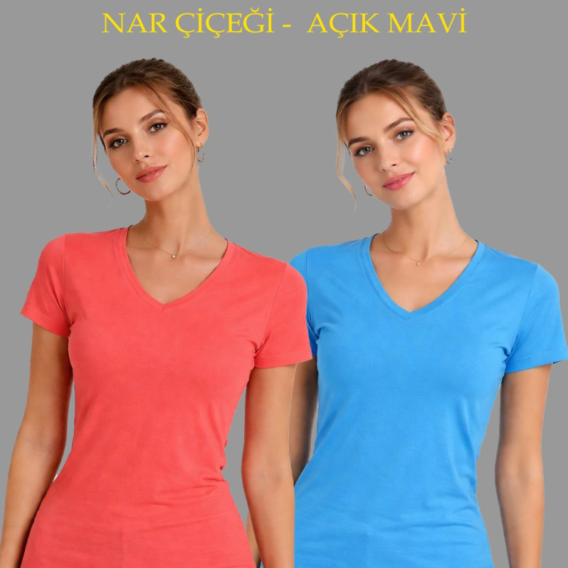 Kadın V Yaka Tişört Kısa Kol Slim Fit T-shirt 2'li Set  Nar Çiçeği-Açık Mavi