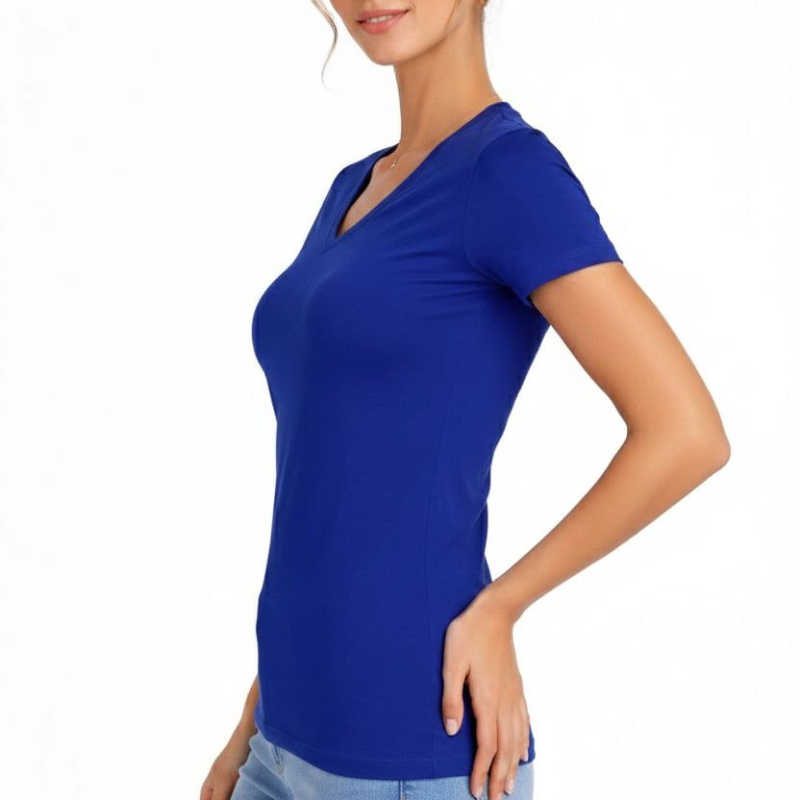 Kadın V Yaka Tişört Kısa Kol Slim Fit T-shirt 2'li Set  Saks Mavisi-Ekru