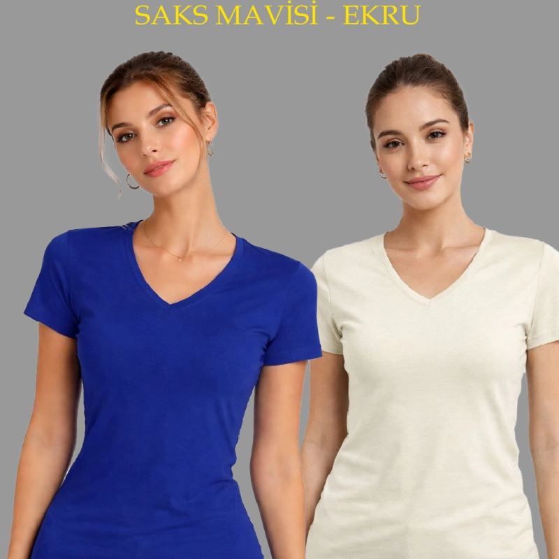 Kadın V Yaka Tişört Kısa Kol Slim Fit T-shirt 2'li Set  Saks Mavisi-Ekru