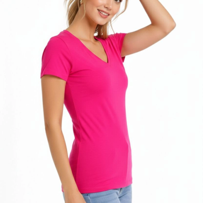 Kadın V Yaka Tişört Kısa Kol Slim Fit T-shirt 3'lü Set Pembe-Açık Mavi-Ekru