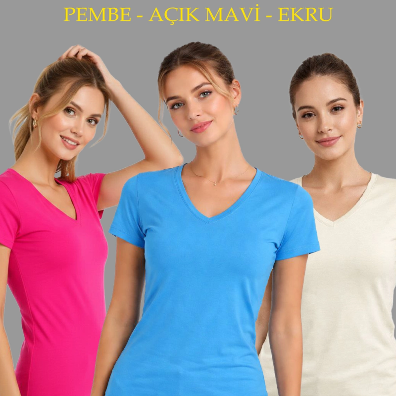 Kadın V Yaka Tişört Kısa Kol Slim Fit T-shirt 3'lü Set Pembe-Açık Mavi-Ekru