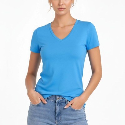 Kadın V Yaka Tişört Kısa Kol Slim Fit T-shirt 3'lü Set Pembe-Açık Mavi-Ekru