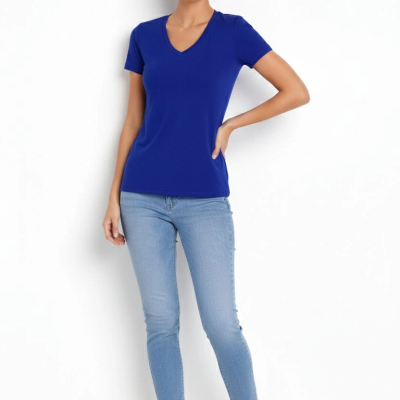 Kadın V Yaka Tişört Kısa Kol Slim Fit T-shirt 3'lü Set Pembe-Saks Mavi-Ekru