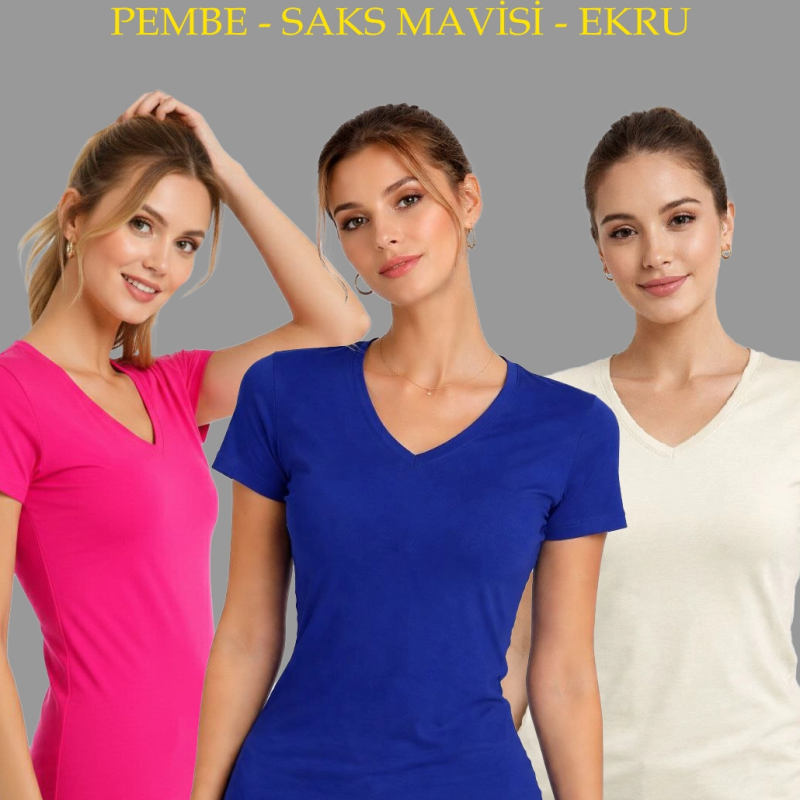 Kadın V Yaka Tişört Kısa Kol Slim Fit T-shirt 3'lü Set Pembe-Saks Mavi-Ekru
