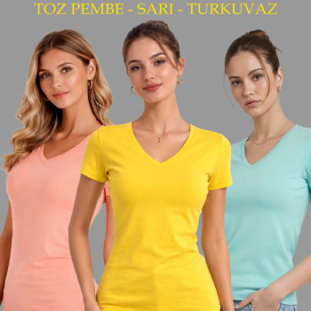 Kadın V Yaka Tişört Kısa Kol Slim Fit T-shirt 3'lü Set Toz Pembe-Sarı-Turkuvaz