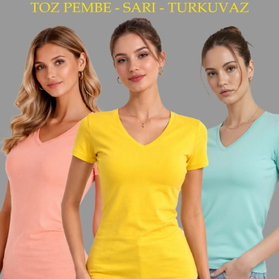Kadın V Yaka Tişört Kısa Kol Slim Fit T-shirt 3'lü Set Toz Pembe-Sarı-Turkuvaz