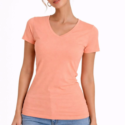 Kadın V Yaka Tişört Kısa Kol Slim Fit T-shirt 3'lü Set Toz Pembe-Sarı-Turkuvaz