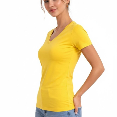 Kadın V Yaka Tişört Kısa Kol Slim Fit T-shirt 3'lü Set Toz Pembe-Sarı-Turkuvaz