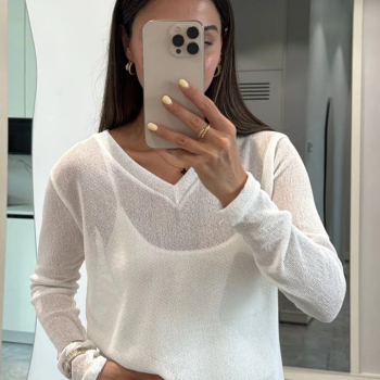 Kadın V Yaka uzun Kollu Triko ince Bluz - Beyaz