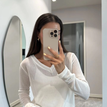 Kadın V Yaka uzun Kollu Triko ince Bluz - Beyaz