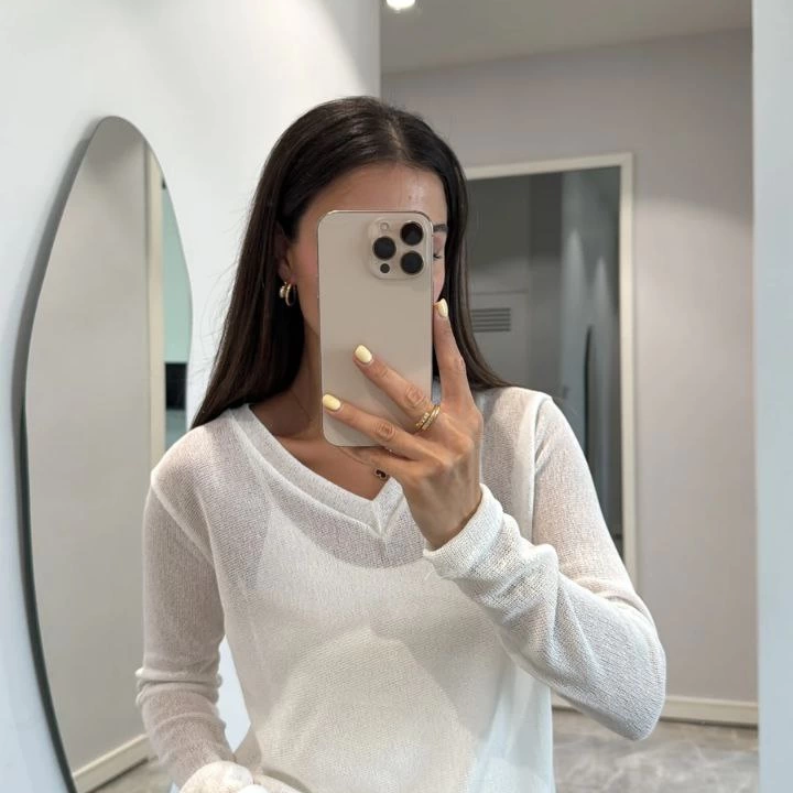 Kadın V Yaka uzun Kollu Triko ince Bluz - Beyaz