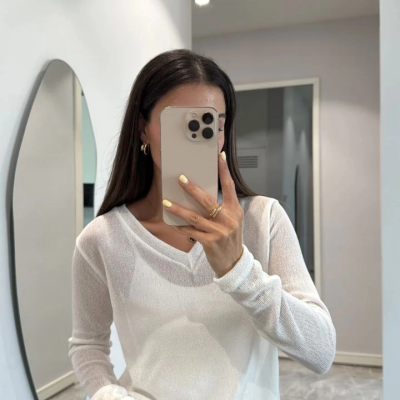 Kadın V Yaka uzun Kollu Triko ince Bluz - Beyaz