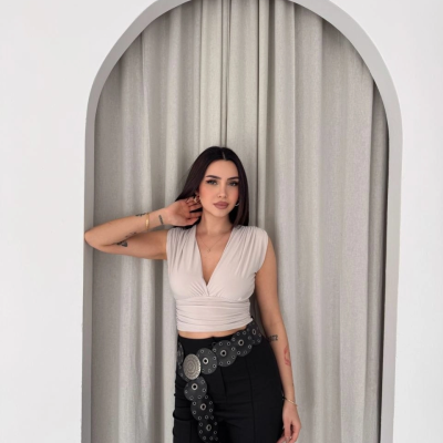 Kadın Vatkalı Kolsuz V Yaka Drapeli Crop Bluz Likralı Fit - Boyalı Gri