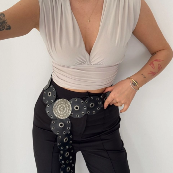 Kadın Vatkalı Kolsuz V Yaka Drapeli Crop Bluz Likralı Fit - Boyalı Gri