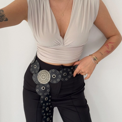 Kadın Vatkalı Kolsuz V Yaka Drapeli Crop Bluz Likralı Fit - Boyalı Gri