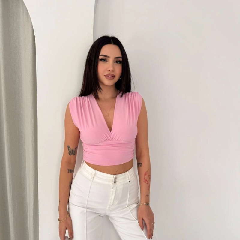 Kadın Vatkalı Kolsuz V Yaka Drapeli Crop Bluz Likralı Fit - Pembe