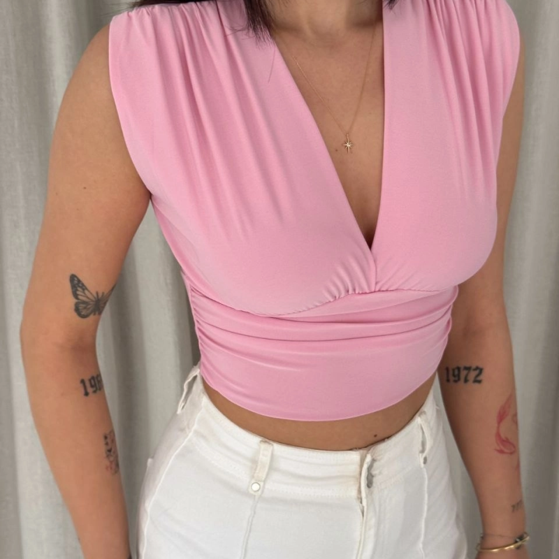 Kadın Vatkalı Kolsuz V Yaka Drapeli Crop Bluz Likralı Fit - Pembe